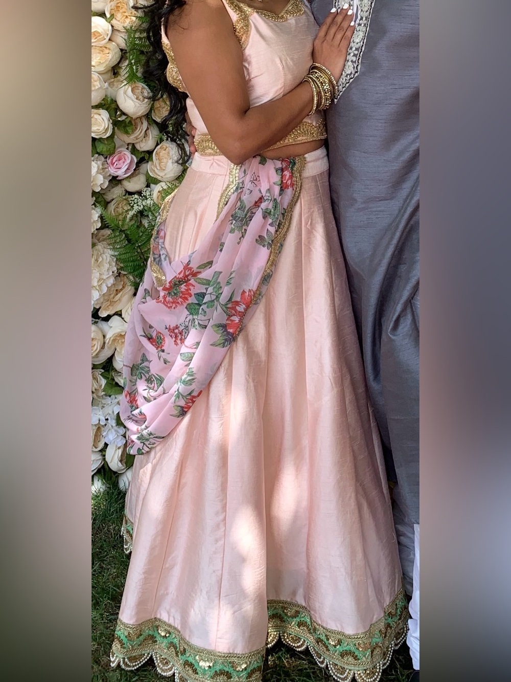 Blush pink lehenga with floral chiffon dupatta.